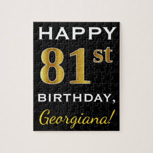Black, Faux Gold 81st Birthday + Custom Name Jigsaw Puzzle
