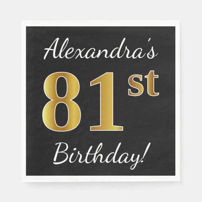 Black, Faux Gold 81st Birthday + Custom Name Napkin (Front)