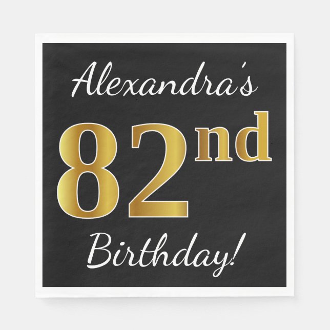 Black, Faux Gold 82nd Birthday + Custom Name Napkin (Front)