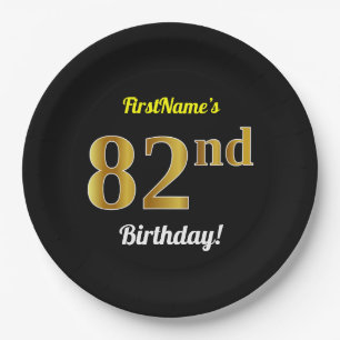 Black, Faux Gold 82nd Birthday + Custom Name Paper Plate