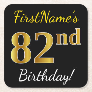 Black, Faux Gold 82nd Birthday + Custom Name Square Paper Coaster
