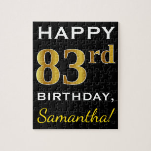 Black, Faux Gold 83rd Birthday + Custom Name Jigsaw Puzzle