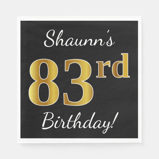 Black, Faux Gold 83rd Birthday + Custom Name Napkin (Front)