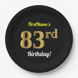 Black, Faux Gold 83rd Birthday + Custom Name Paper Plate