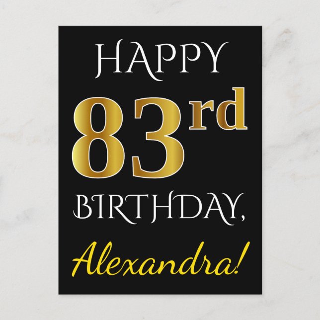 Black, Faux Gold 83rd Birthday + Custom Name Postcard (Front)