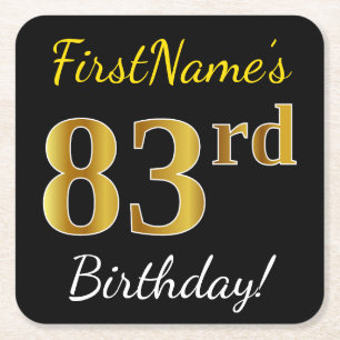 Black, Faux Gold 83rd Birthday + Custom Name Square Paper Coaster