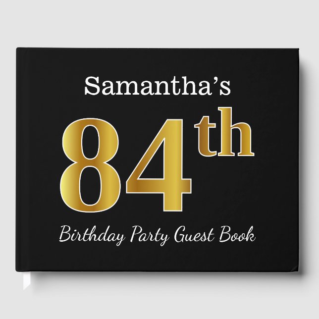 Black, Faux Gold 84th Birthday Party + Custom Name Guest Book (Front)