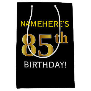 Black, Faux Gold 85th Birthday + Custom Name Medium Gift Bag