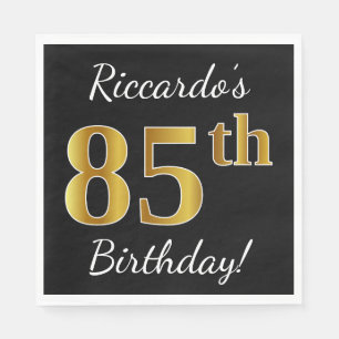 Black, Faux Gold 85th Birthday + Custom Name Napkin
