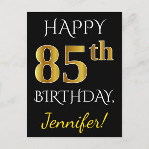 Black, Faux Gold 85th Birthday + Custom Name Postcard