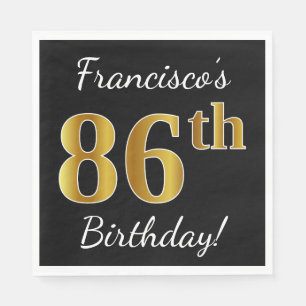 Black, Faux Gold 86th Birthday + Custom Name Napkin