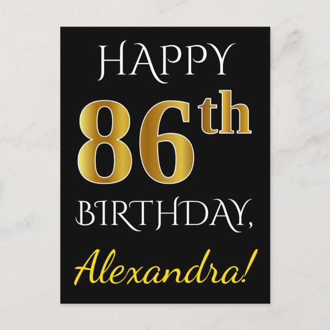 Black, Faux Gold 86th Birthday + Custom Name Postcard (Front)