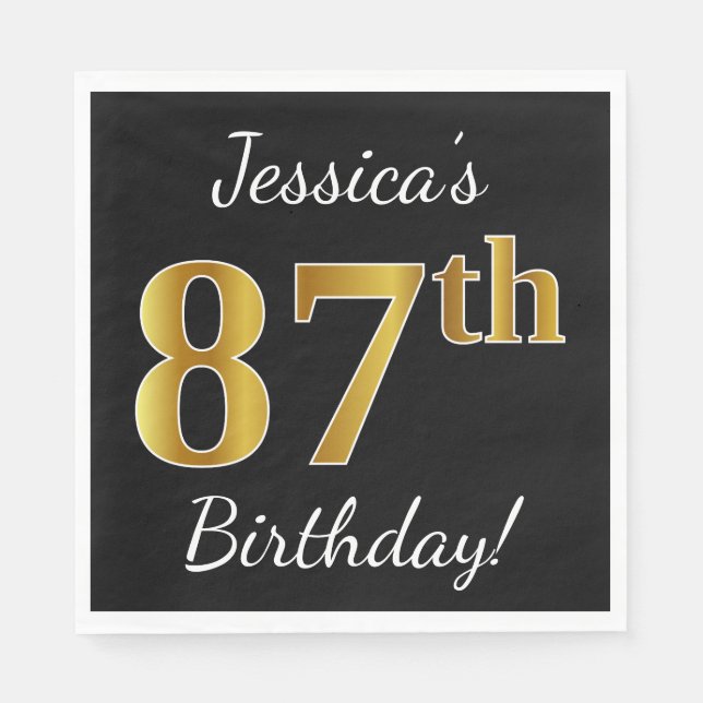 Black, Faux Gold 87th Birthday + Custom Name Napkin (Front)