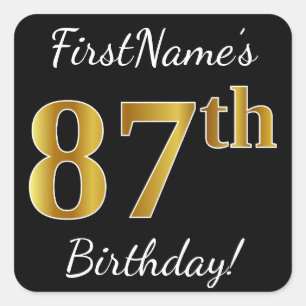 Black, Faux Gold 87th Birthday + Custom Name Square Sticker