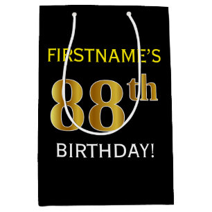 Black, Faux Gold 88th Birthday + Custom Name Medium Gift Bag
