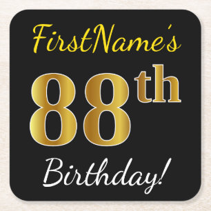 Black, Faux Gold 88th Birthday + Custom Name Square Paper Coaster
