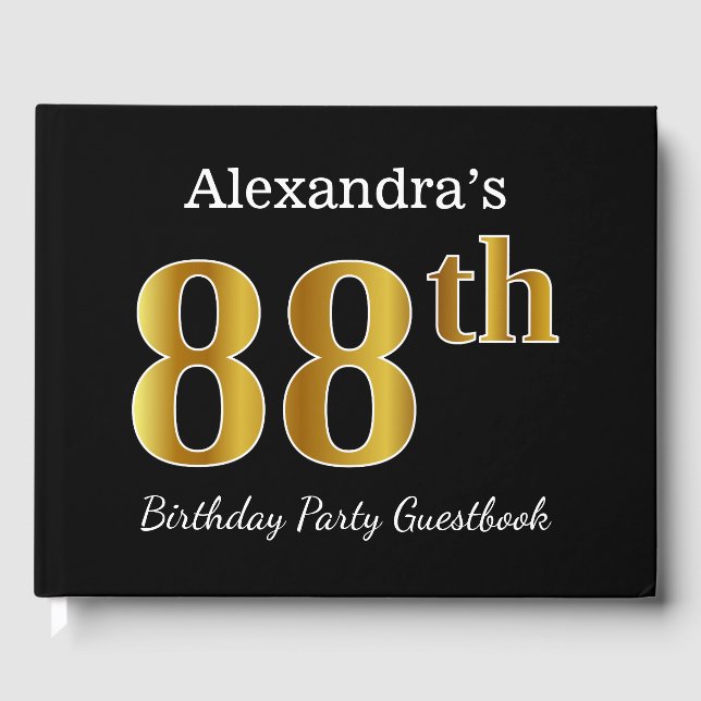 Black, Faux Gold 88th Birthday Party + Custom Name Guest Book (Front)