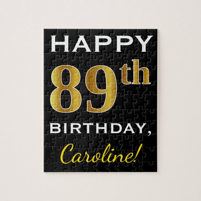 Black, Faux Gold 89th Birthday + Custom Name Jigsaw Puzzle (Vertical)
