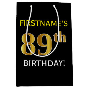 Black, Faux Gold 89th Birthday + Custom Name Medium Gift Bag