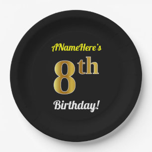 Black, Faux Gold 8th Birthday + Custom Name Paper Plate