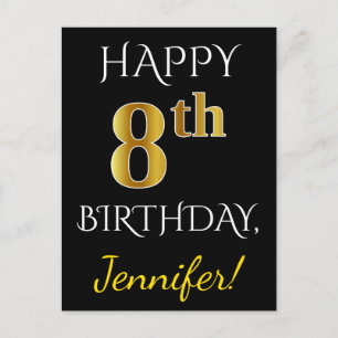 Black, Faux Gold 8th Birthday + Custom Name Postcard