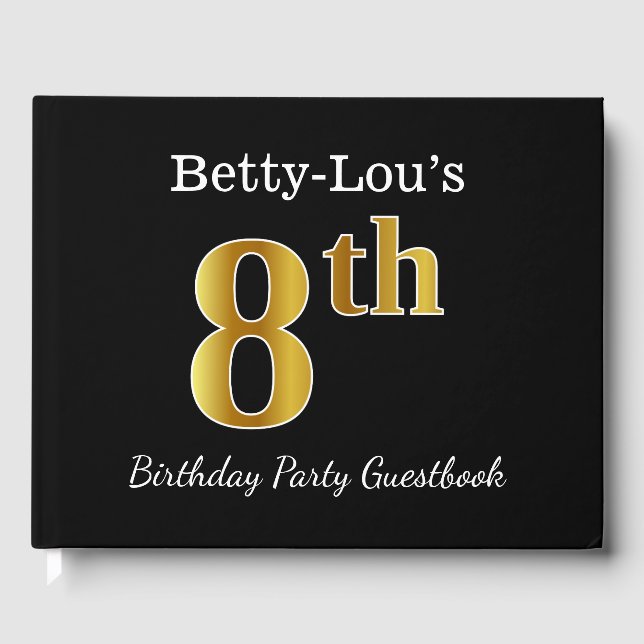 Black, Faux Gold 8th Birthday Party + Custom Name Guest Book (Front)