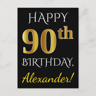 Black, Faux Gold 90th Birthday + Custom Name Postcard