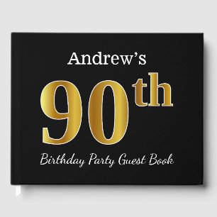 Black, Faux Gold 90th Birthday Party + Custom Name Guest Book