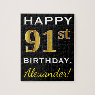 Black, Faux Gold 91st Birthday + Custom Name Jigsaw Puzzle