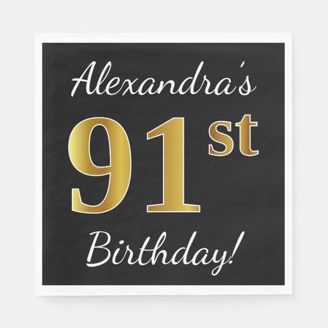 Black, Faux Gold 91st Birthday + Custom Name Napkin (Front)