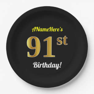 Black, Faux Gold 91st Birthday + Custom Name Paper Plate