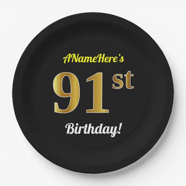 Black, Faux Gold 91st Birthday + Custom Name Paper Plate (Front)