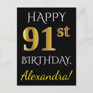 Black, Faux Gold 91st Birthday + Custom Name Postcard