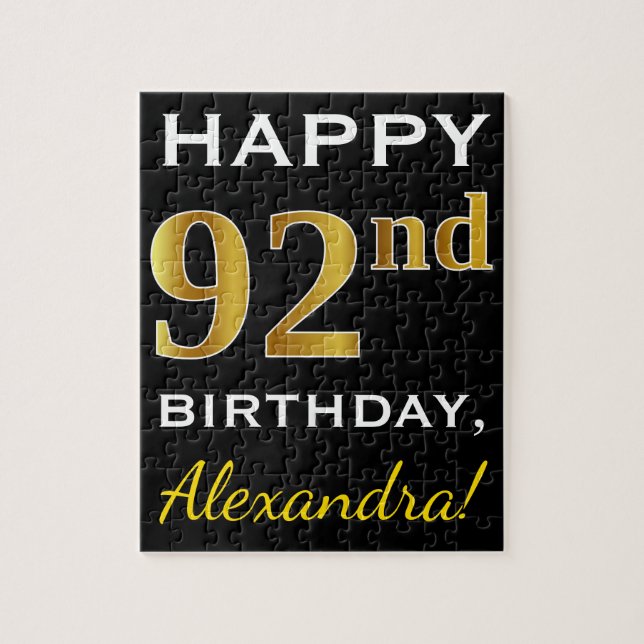 Black, Faux Gold 92nd Birthday + Custom Name Jigsaw Puzzle (Vertical)