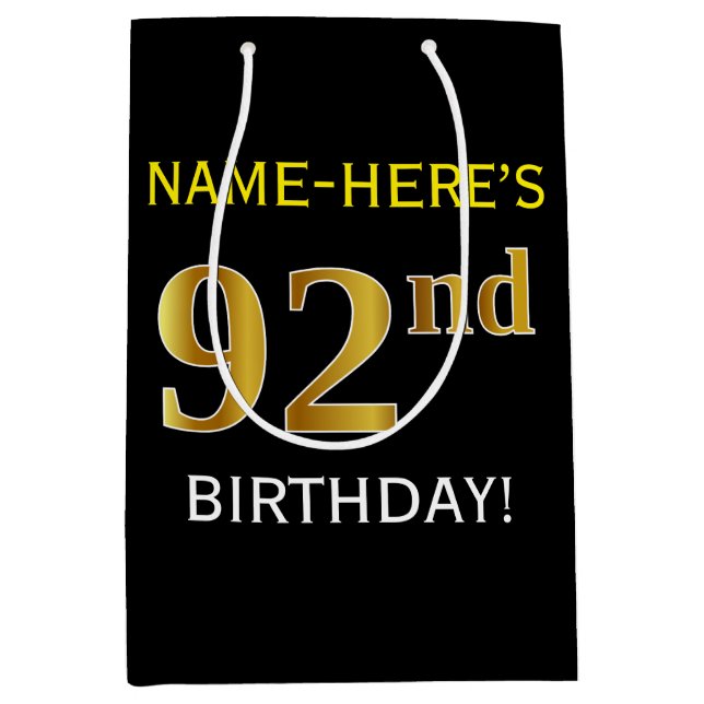 Black, Faux Gold 92nd Birthday + Custom Name Medium Gift Bag (Front)