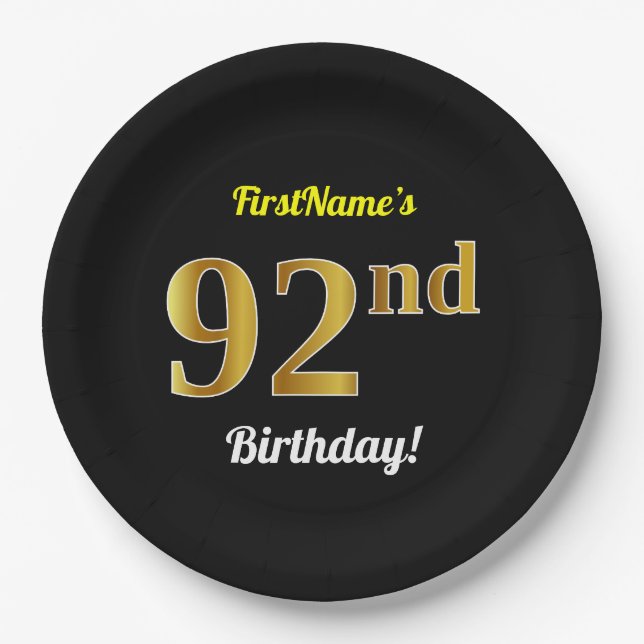 Black, Faux Gold 92nd Birthday + Custom Name Paper Plate (Front)