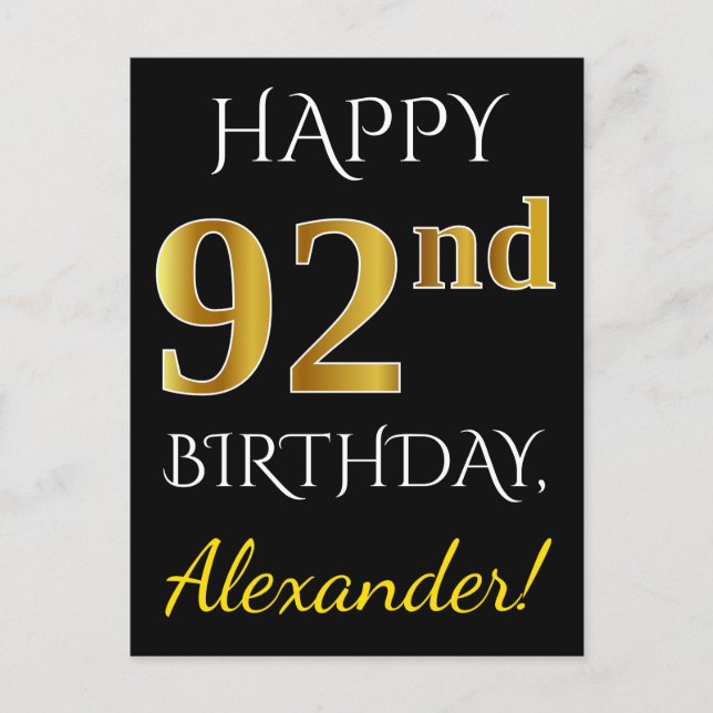 Black, Faux Gold 92nd Birthday + Custom Name Postcard (Front)