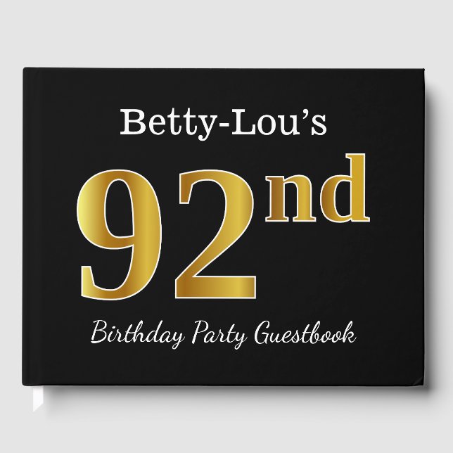 Black, Faux Gold 92nd Birthday Party + Custom Name Guest Book (Front)