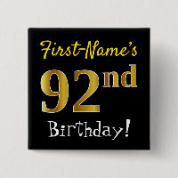 Black, Faux Gold 92nd Birthday, With Custom Name