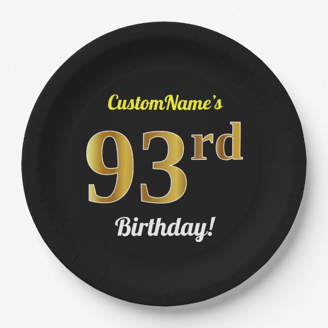 Black, Faux Gold 93rd Birthday + Custom Name Paper Plate (Front)