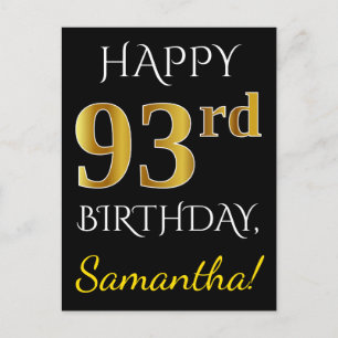 Black, Faux Gold 93rd Birthday + Custom Name Postcard