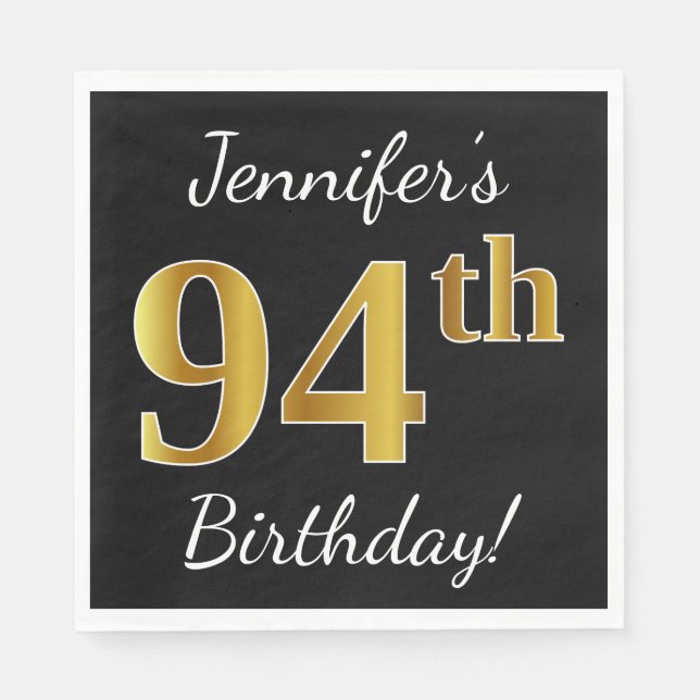 Black, Faux Gold 94th Birthday + Custom Name Napkin (Front)