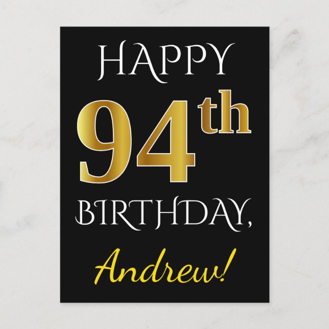 Black, Faux Gold 94th Birthday + Custom Name Postcard (Front)