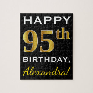 Black, Faux Gold 95th Birthday + Custom Name Jigsaw Puzzle