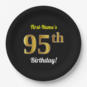 Black, Faux Gold 95th Birthday + Custom Name Paper Plate
