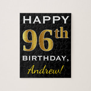 Black, Faux Gold 96th Birthday + Custom Name Jigsaw Puzzle