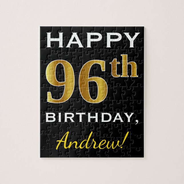 Black, Faux Gold 96th Birthday + Custom Name Jigsaw Puzzle (Vertical)