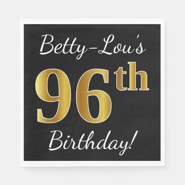Black, Faux Gold 96th Birthday + Custom Name Napkin (Front)