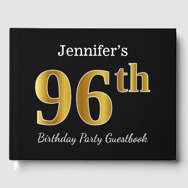 Black, Faux Gold 96th Birthday Party + Custom Name Guest Book (Front)