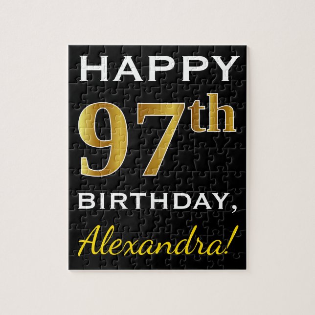 Black, Faux Gold 97th Birthday + Custom Name Jigsaw Puzzle (Vertical)
